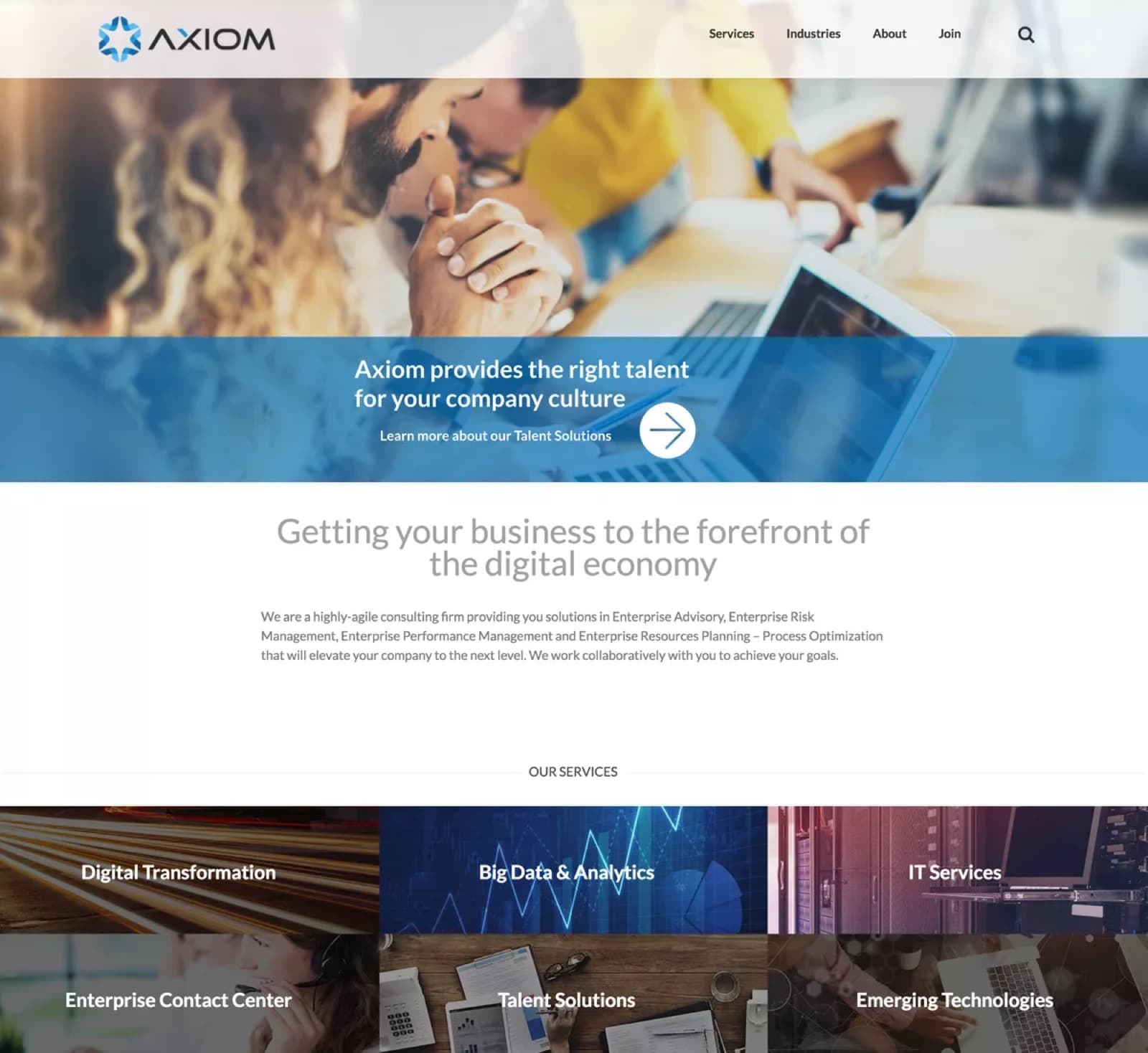 Axiom Technology Group WordPress site shown on a laptop.