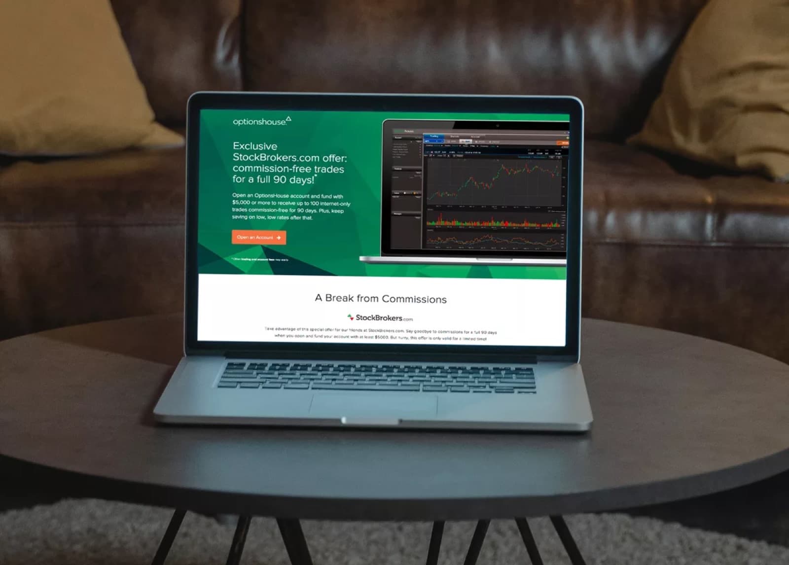 OptionsHouse commission-free trades campaign landing page on a laptop.