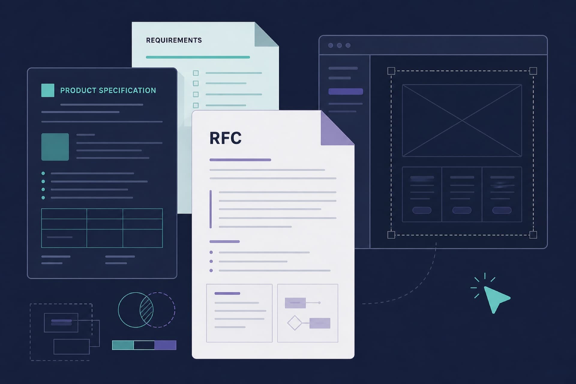 Abstract illustration of overlapping RFCs, product specs, and a prototype frame—the operating system used when client screens cannot be shown.